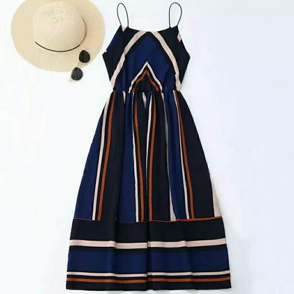 Boutique Dresses & Skirts - Striped color block blue sun dress V neck